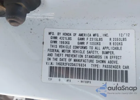 2013 Honda Accord Ex-L from USA, damaged, VIN 1HGCR2F82DA076834